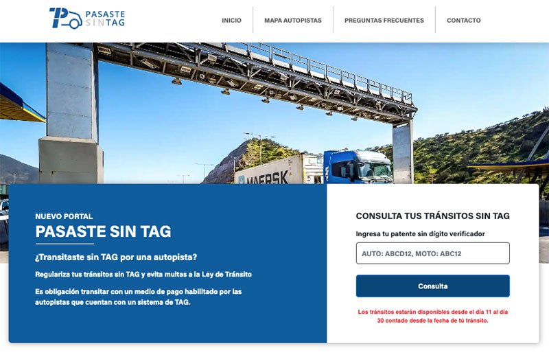 pagar el peaje sin TAG por Internet pasastesintag.cl